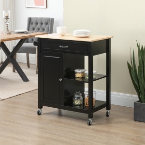 Carucior de Bucatarie din Lemn cu Sertar, Dulapior si Etajere cu Roti, 83x45x88cm, Negru - Img 2