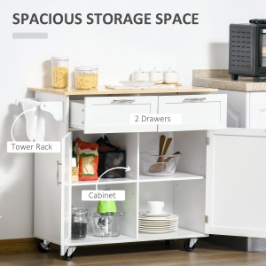 Carucior de Bucatarie Multifunctional cu 2 Sertare, Dulap si 4 Roti, 104x46x91cm - Alb - Img 4