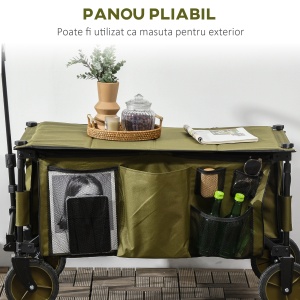 Carucior de gradina pliabil cu roti, Carucior de camping pliabil cu placa pliabila, Carucior utilitar pentru exterior cu cadru din otel si material Oxford, verde - Img 7