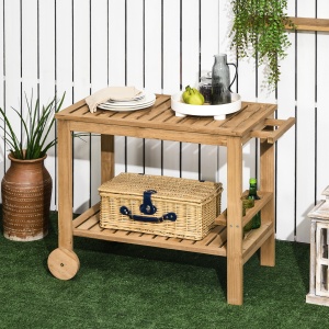 Cărucior de Servire pentru Grădină din Lemn de Brad, Cărucior cu Rafturi și Suport pentru Sticle, 95x47x74 cm, Natural - Img 2