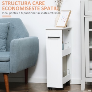 Carucior multifunctional pentru economisirea spatiului pentru baie si bucatarie, carucior din lemn MDF cu roti pivotante si maner, 42,5x20,3x66,7cm, alb - Img 6