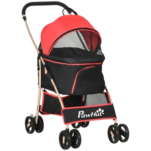 Cărucior pentru Câini Pliabil și Convertibil în Geantă de Transport cu 2 Lese și Pernă, 82x49.5x98 cm, Roșu - Img 1