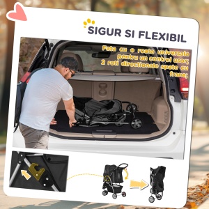Cărucior Pliabil pentru Câini cu Frâne, Suport pentru Pahare și Coș pentru Obiecte, 75x45x97 cm, Negru - Img 5