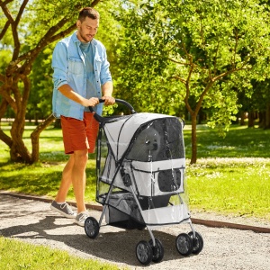 Cărucior Pliabil pentru Câini până la 10 kg cu Copertină Împotriva Ploii, 75x45x97 cm, Gri - Img 2