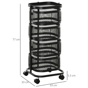 Carucior utilitar rulant cu cosuri metalice rotative, Carucior de serviciu cu 4 niveluri de depozitare cu blat, Negru - Img 3