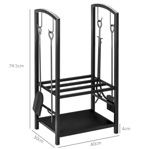 Caseta pentru Lemne cu Set Unelte pentru Semineu in Otel Negru 40 x 30 x 74.5 cm - Img 3