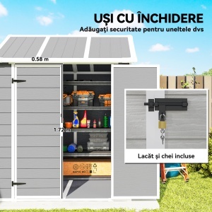 Căsuță de grădină din rășină cu podea, 2 uși blocabile, fereastră, 1.8x1.8m, gri - Img 8