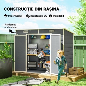 Căsuță de Grădină din Rășină cu Podea, 2 Uși Blocabile, Fereastră, 2,4 x 1,3 m, Gri - Img 5