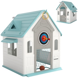 Căsuță de Joacă 5-în-1 pentru Copii, de Exterior și Interior, cu Coș de Baschet, Poartă de Fotbal, Tablă de Darts, Joc de Aruncare a Inelelor pentru Copii 2-5 Ani, Bej