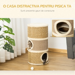 Casuta Pat pentru Pisici Stalp de zgariere sub forma de Turn 3 Nise Franghie Sisal Alga Marina - Img 4