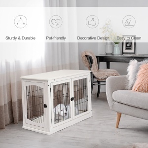 Casuta pentru Caini de pana la 30 kg de Interior din Lemn si Otel, 58,5 x 81 x 66 cm - Alba - Img 4