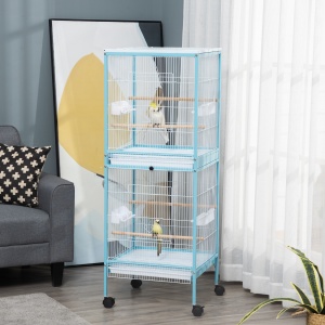 Colivie pentru Pasari 2 in 1 Voliera pentru Interior cu 4 Roti Pivotante, Tavi Detasabile si Recipiente din plastic, 51,5x50x140cm, Albastra - Img 2