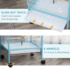 Colivie pentru Pasari 2 in 1 Voliera pentru Interior cu 4 Roti Pivotante, Tavi Detasabile si Recipiente din plastic, 51,5x50x140cm, Albastra - Img 6