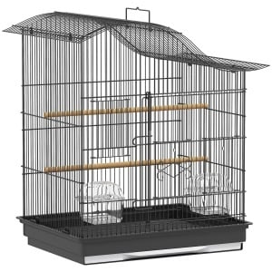 Colivie pentru Păsări cu 4 Accesuri, 2 Boluri, 2 Stinghii și Tavă Detașabilă, Volieră din Metal și Plastic, 47.5x36x54.5 cm, Negru