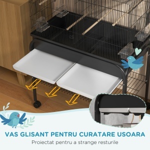 Colivie pentru Păsări de Interior cu Tăviță, Raft și Roți, Volieră din Oțel pentru Perusi, Canari, Nimfe și Papagali, Negru, 85 x 49 x 119 cm - Img 4