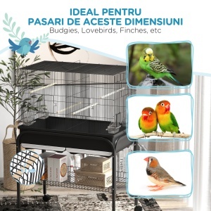 Colivie pentru Păsări de Interior cu Tăviță, Raft și Roți, Volieră din Oțel pentru Perusi, Canari, Nimfe și Papagali, Negru, 85 x 49 x 119 cm - Img 6