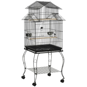 Colivie pentru Pasari pentru Interior din Otel si Lemn cu Tava Detasabila. 4 Roti, Recipient pentru Aliemnte, 51,5x50x140cm, Neagra - Img 1