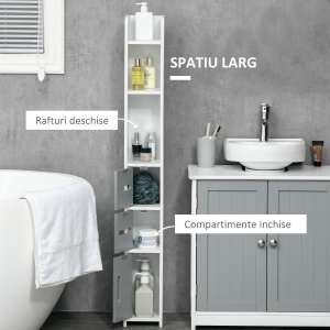 Coloana de baie cu rafturi si dulapuri, dulap de baie inalt din lemn care economiseste spatiu, 15x17x120cm, alb si gri - Img 4