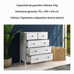 Comoda cu 5 Sertare cu Manere, Alb - Img 6
