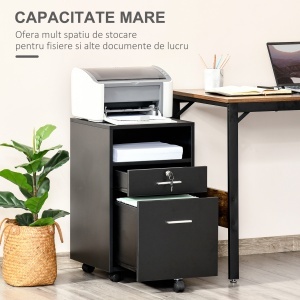 Comodă de Birou cu 2 Sertare și Raft Deschis, Mobilier cu 5 Rotile, Încuietoare și 2 Chei, 39x40x65 cm, Negru - Img 7