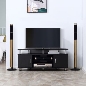 Comoda TV cu 2 compartimente inchise raft blat benzi antiderapante negru - Img 2