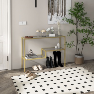 Consola aurie, Masuta de cafea din sticla temperata 100 cm, Masa pentru hol cu rafturi de depozitare, Cadru din otel pentru sufragerie, Hol - Img 2