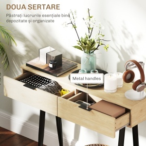 Consolă de Intrare cu 2 Sertare, Masă Consolă din Lemn cu Picioare din Oțel, 100x30x80,5 cm, Lemn Natural - Img 5