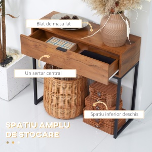 Consola pentru hol cu sertar, masa consola din lemn cu picioare din otel, 80x30x76cm, maro si negru - Img 5