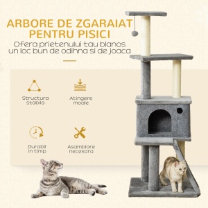 Copac pentru Pisici pe Mai Multe Niveluri cu Căsuță, Scară și Stâlpi din Sisal, Gri - Img 4