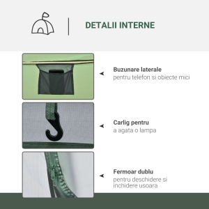Cort de Camping Pop Up pentru 2 Persoane cu 2 Uși, 4 Ferestre și Înveliș Impermeabil, 263.5x220x123 cm, Verde - Img 6