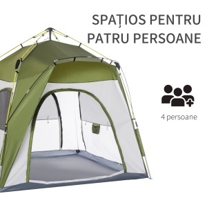Cort pentru Camping cu 2 Locuri, Cort cu Ușă, 3 Ferestre cu Plasă și Geantă pentru Transport, 240x240x199 cm, Verde - Img 4