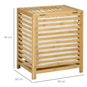 Cos de Rufe cu Sipci din Bambus si Material Textil cu Capac si Sac detasabil pentru Baie si Dormitor, 50x36x60 cm, culoare Lemn natur - Img 3