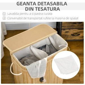 Coș de Rufe de 90L Pliabil cu 2 Compartimente, Capac și Mânere din Bambus - Img 5