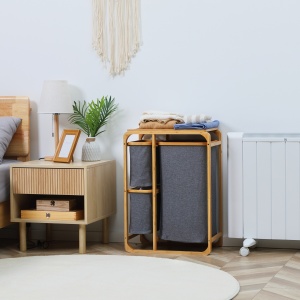 Cos de rufe din bambus , cos de rufe cu 3 pungi glisante din material textil si raft deschis, cos de spalat cu 3 sectiuni, economiseste spatiu, natural - Img 2