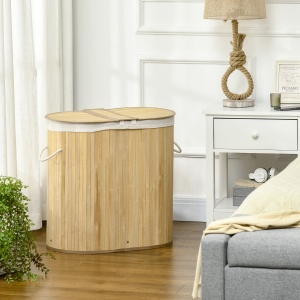Cos de rufe din bambus cu capac, 100 litri cu 2 sectiuni, captuseala detasabila lavabila, 62,5 x 37 x 60,5 cm, natural - Img 2