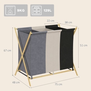 Coș de Rufe Pliabil cu 3 Compartimente, din Bambus și Material cu Efect de In, 75x48x67 cm, Multicolor - Img 3