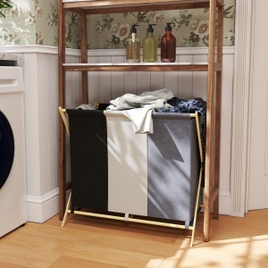Coș de Rufe Pliabil cu 3 Compartimente, din Bambus și Material cu Efect de In, 75x48x67 cm, Multicolor - Img 8