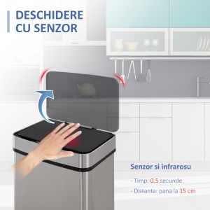 Cos Gunoi Inteligent 72 L – Inox, 3 Compartimente & Senzor - Img 4