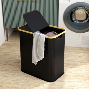 Coș pentru Rufe de 80L cu 2 Secțiuni și Capac din Material Textil și Bambus, 54x34x58,5 cm, Negru - Img 7