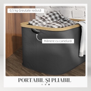 Coș Pliabil pentru Rufe de 36L cu Mânere, Coș pentru Rufe din Bambus și Poliester, 44,3x33,3x26,5 cm, Negru - Img 5