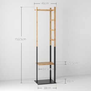 Cuier de Podea Autoportant cu Bară Centrală, 4 Bare Laterale, 2 Cârlige și 2 Rafturi, 46x28,5x153,5 cm, Negru - Img 3