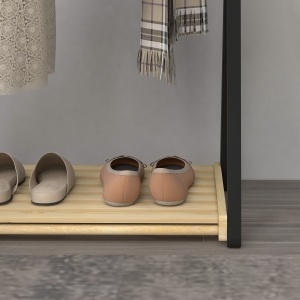 Cuier de Podea din Lemn cu 2 Bare, Suport pentru Haine Autoportant Modern cu Raft Inferior, 61x45x152 cm, Natural - Img 9