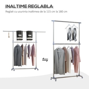 Cuier pentru haine cu inaltime si extensie reglabile, 165 x 48 x 180 cm, Inox / ABS, Argintiu / Gri - Img 5