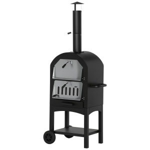 Cuptor Portabil cu Cărbune pentru Pizza și Barbecue, Cuptor cu Lemne, Coș de Fum și Raft Inferior, 63x54x161 cm, Negru - Img 1