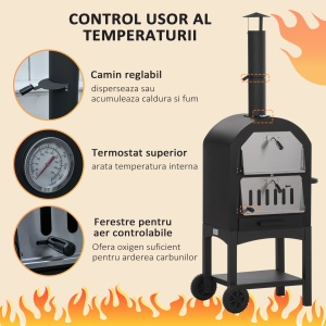 Cuptor Portabil cu Cărbune pentru Pizza și Barbecue, Cuptor cu Lemne, Coș de Fum și Raft Inferior, 63x54x161 cm, Negru - Img 6
