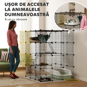Cușcă Modulară pentru Pisici cu 4 Niveluri, cu Platforme, Rampe și 5 Uși, din Oțel și PP, 105x105x140 cm, Negru - Img 6