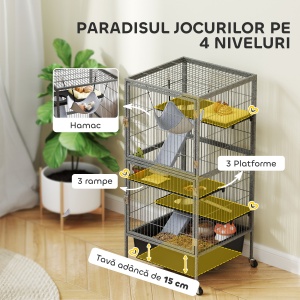 Cușcă pentru Animale Mici cu 4 Niveluri, Rampe, Hamac și Roți, Gri - Img 5
