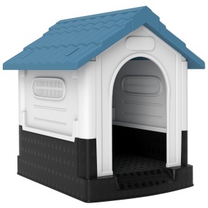 Cușcă pentru Câini de Exterior din Plastic, Căsuță pentru Câini Mici cu Ferestre, Acoperiș Înclinat și Bază Ridicată, 64,5 x 57 x 66 cm, Albastru - Img 1