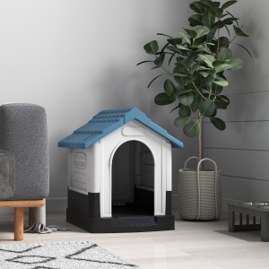 Cușcă pentru Câini de Exterior din Plastic, Căsuță pentru Câini Mici cu Ferestre, Acoperiș Înclinat și Bază Ridicată, 64,5 x 57 x 66 cm, Albastru - Img 8