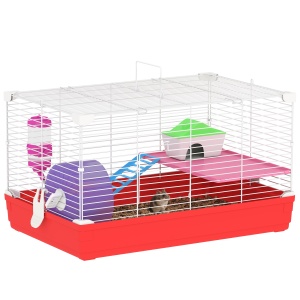 Cusca pentru Hamsteri cu 2 Nivele din Metal si PP cu Casuta, Rezervor de apa, Roti si Farfurioare, 47x30x27 cm, Rosu si Alb - Img 1